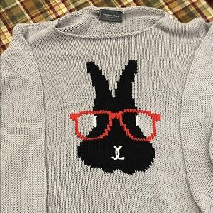 Wooden Ships Light Gray Sweater with Black Bunny and Red Glasses